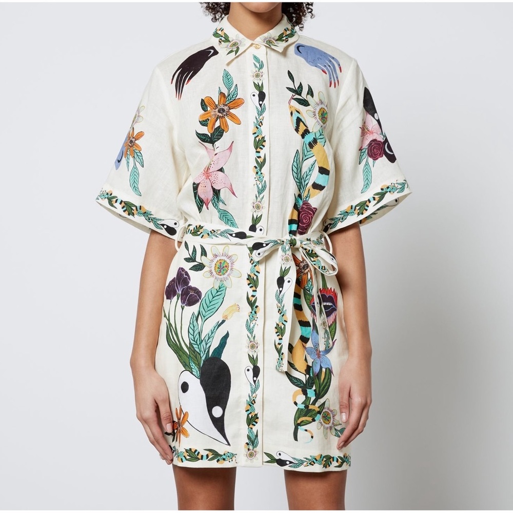 Alemais Meagan Mini Shirt Dress Floral Ivory White Heart Yin Yang Belted AU 10